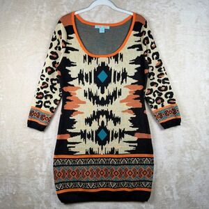Flying Tomato Womens Aztec Animal Print Knit Sweater Dress XL Boho Bodycon Indie